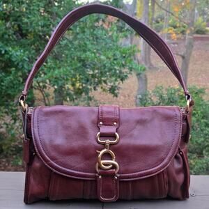 Brown Leather Purse Liz Claiborne Flap Handbag Gild Tone Hardware Satchel